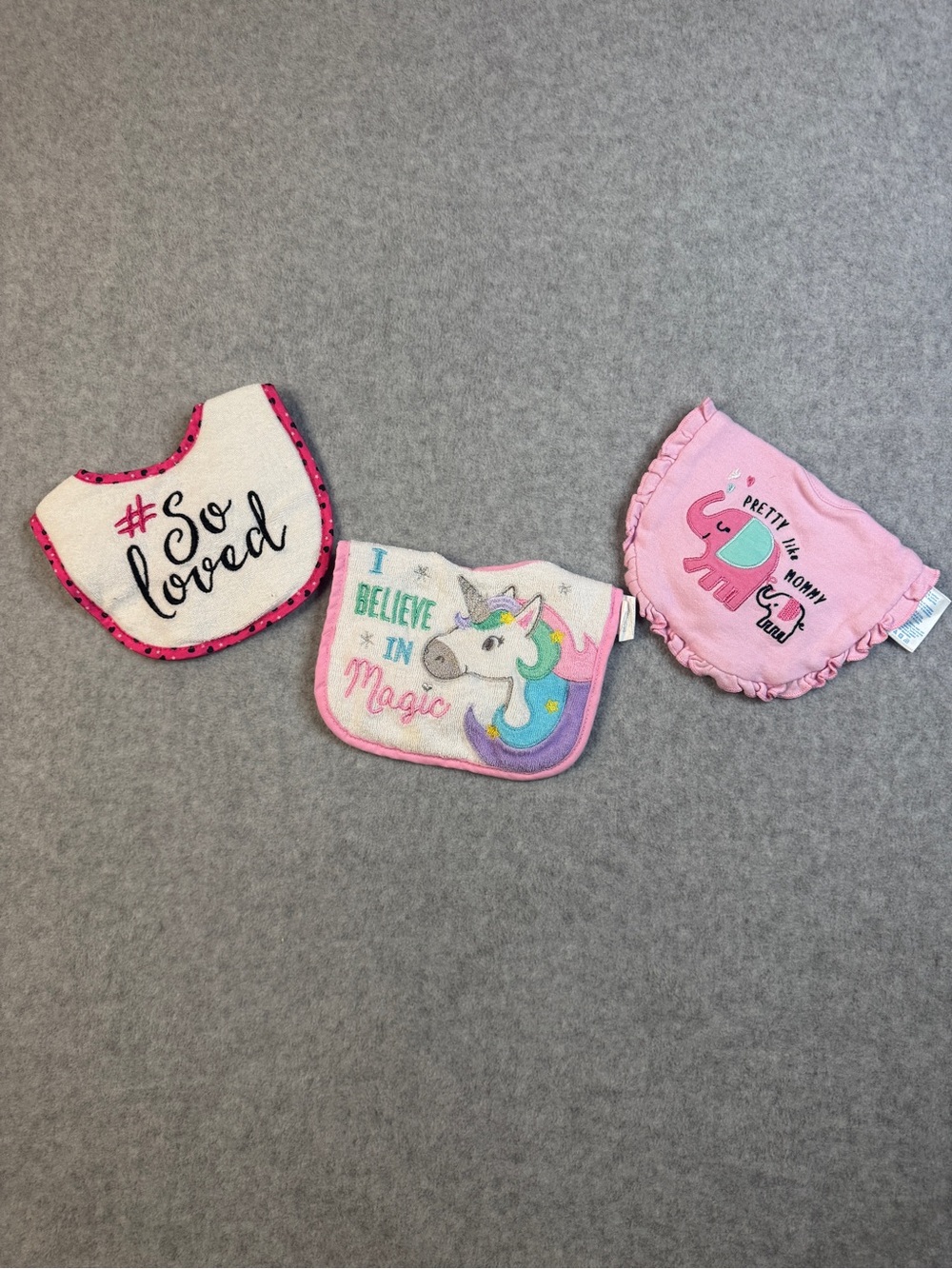 Pink Unicorn & Elephant Baby Bib Trio - Soft Pastel Pink Set.